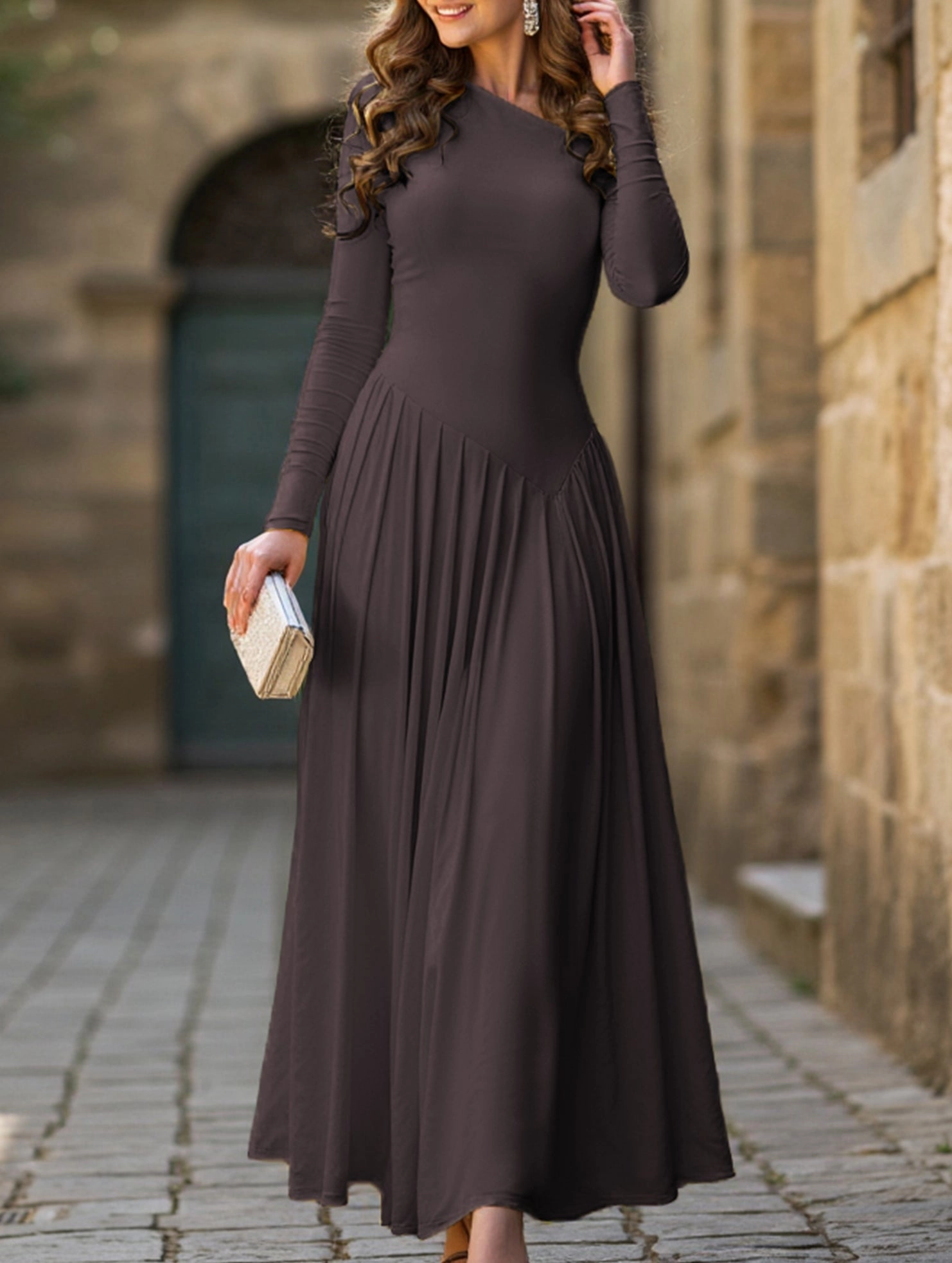 Casual high waist long sleeve maxi dress Grab Quick