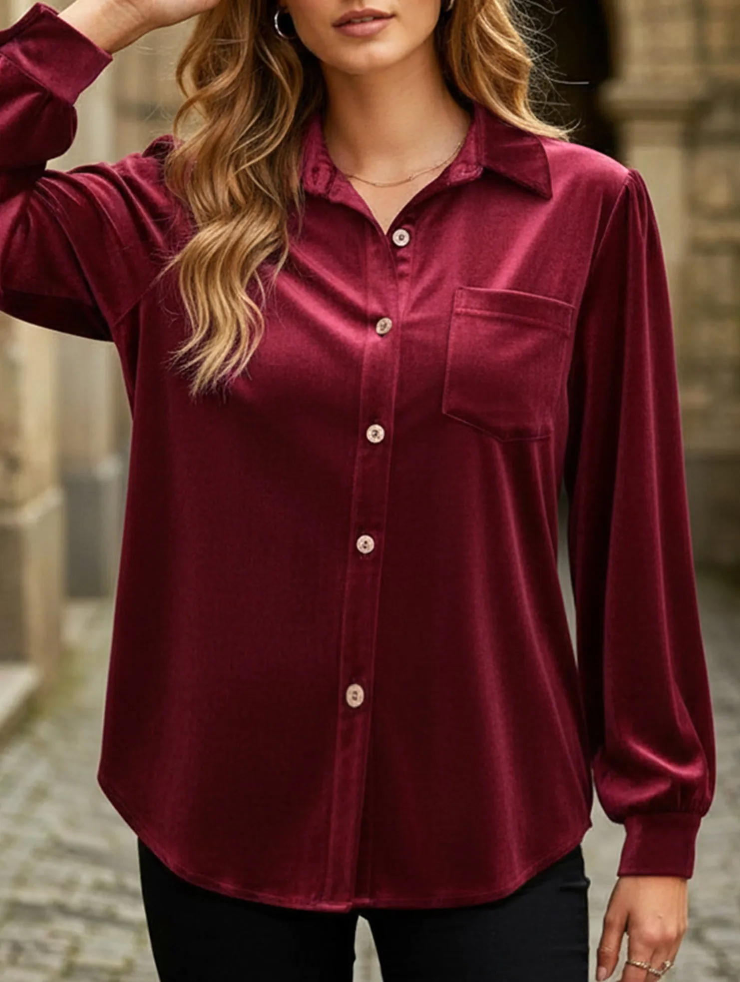 Biodegradable Fiber Slim Silhouette Solid color lapel lantern sleeve shirt