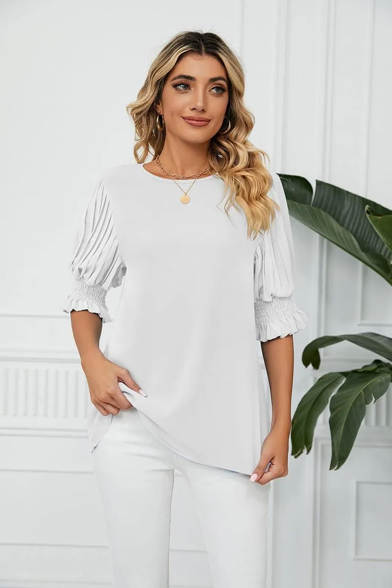 RUFFLED PUFF SHORT SLEEVE LOOSE CHIFFON BLOUSE Sun Protective Fabric