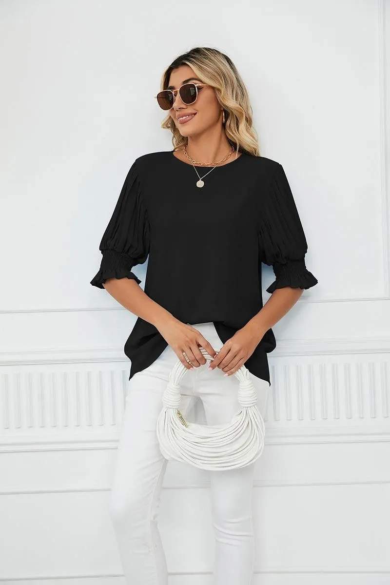 RUFFLED PUFF SHORT SLEEVE LOOSE CHIFFON BLOUSE All Day Comfort NoSlipGripperBand