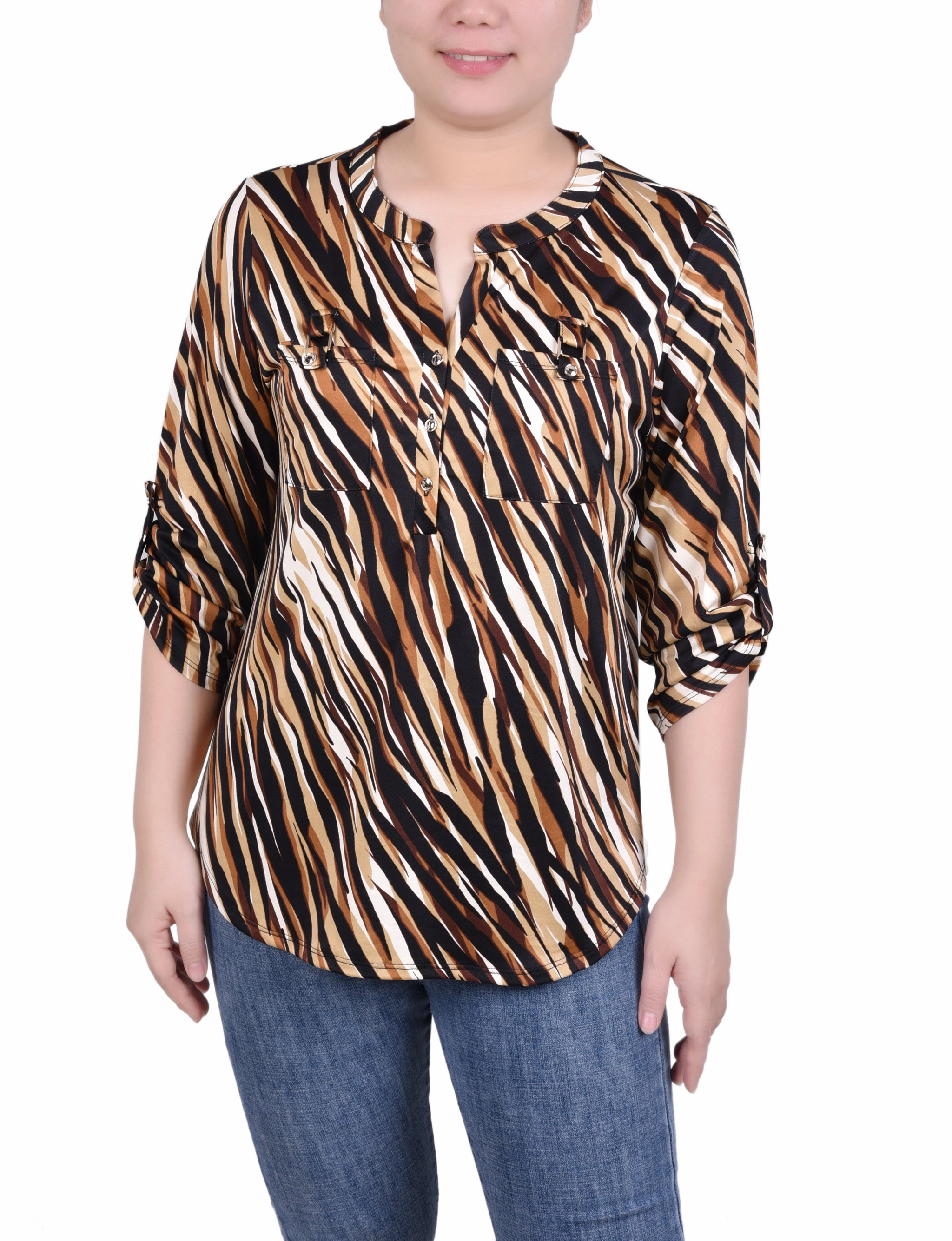 Durable Interlock Stitch Non Restrictive Cut Long Tab-Sleeve Top With Pockets