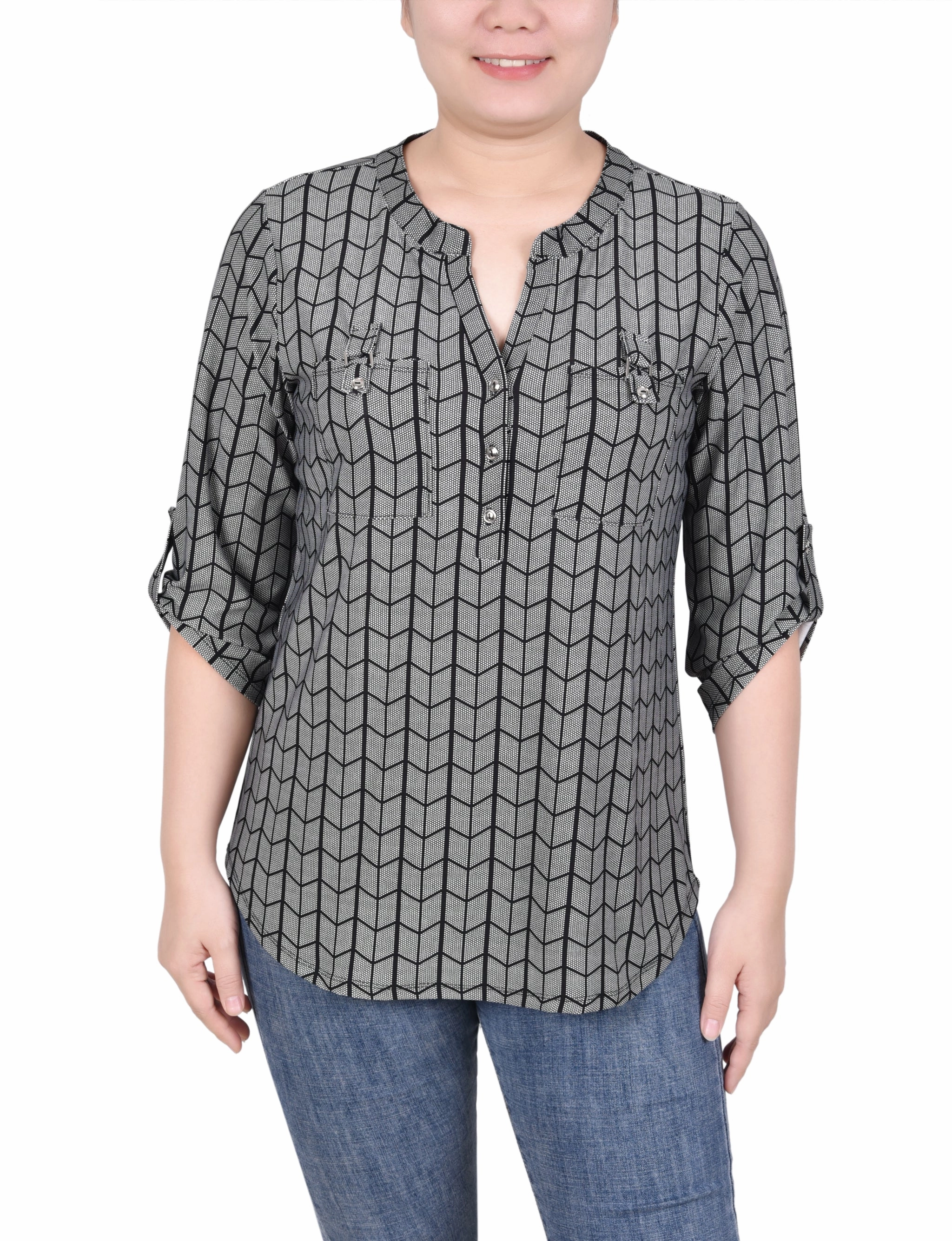 Interlock Stitching ClassicCrewNeck Long Tab-Sleeve Top With Pockets