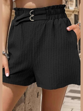 BLACK CRINKLE HIGH WAISTED STRAIGHT LEG SHORTS_CWBSP0186 WrinkleFreeFabric RipstopFabric