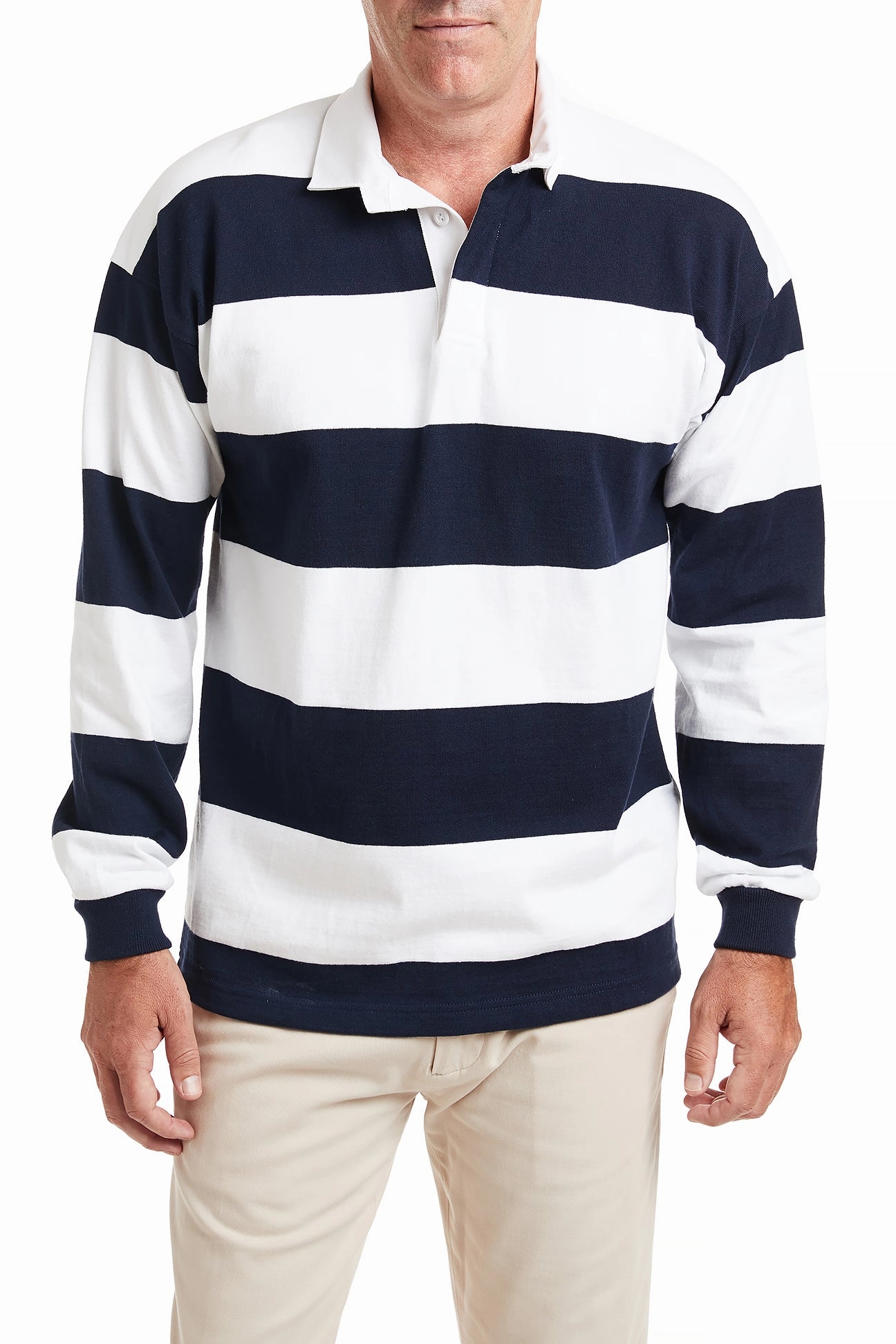 Cozy Knit Breathable mesh panel Castaway Rugby Shirt Navy & White Stripe