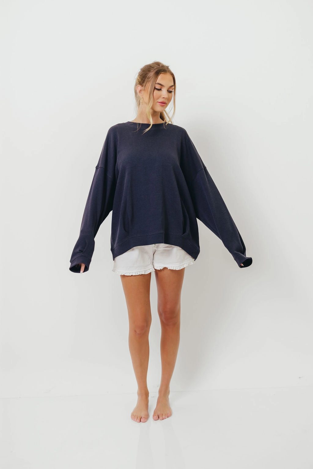 RibbedCollar Around Town Crew Pullover in Dark Navy
