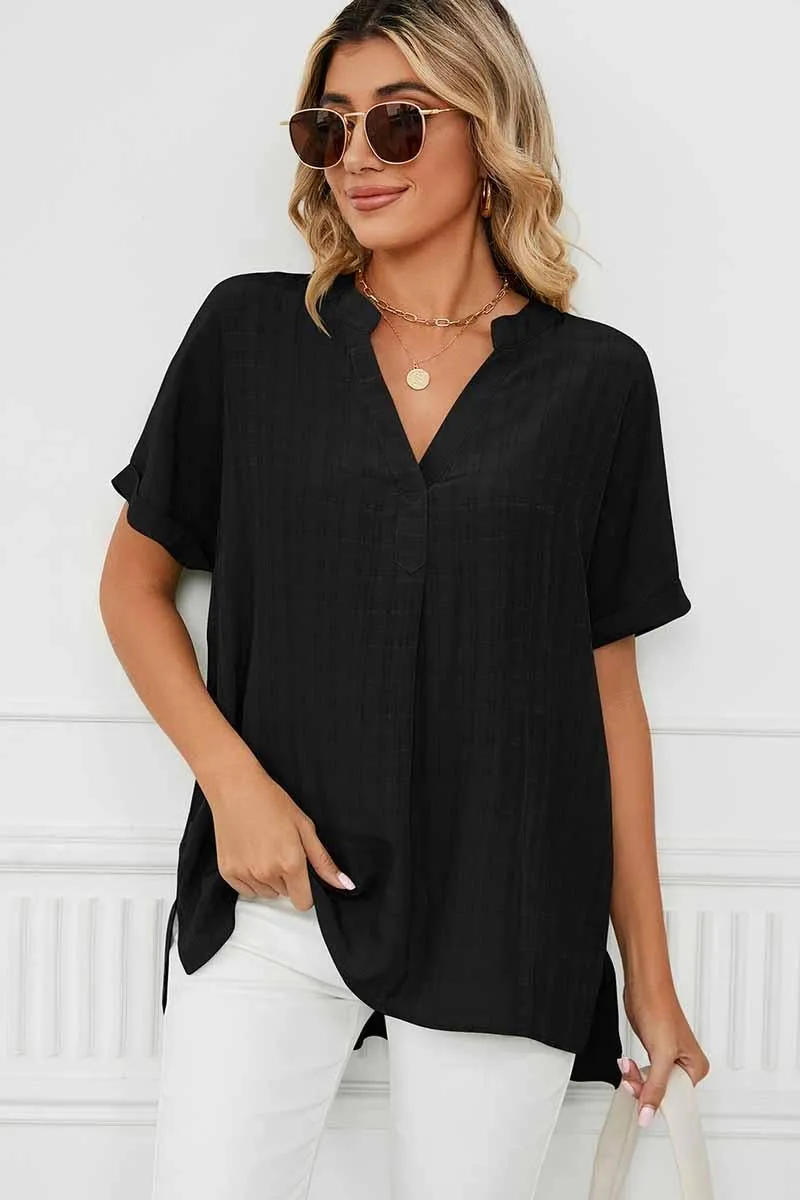 V NECK ROLL UP SHORT SLEEVES LOOSE FIT SHIRTS All Season Wear Fabric