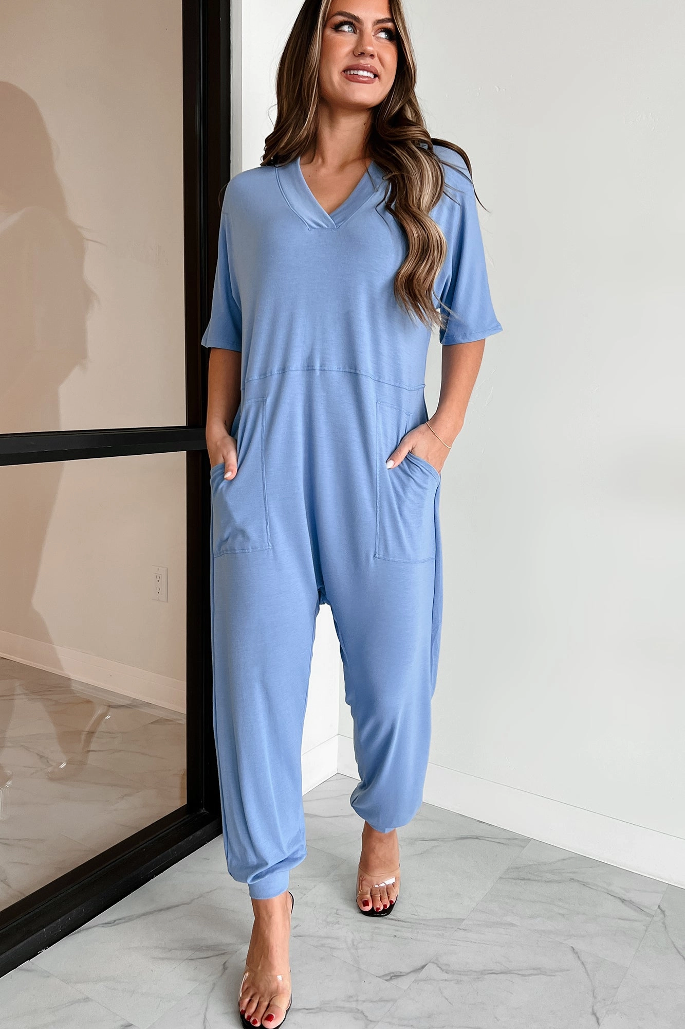 Textured Weave Pattern DoubleStitched Hem Tired Eyes Short Sleeve Slouchy Jumpsuit (Light Denim)