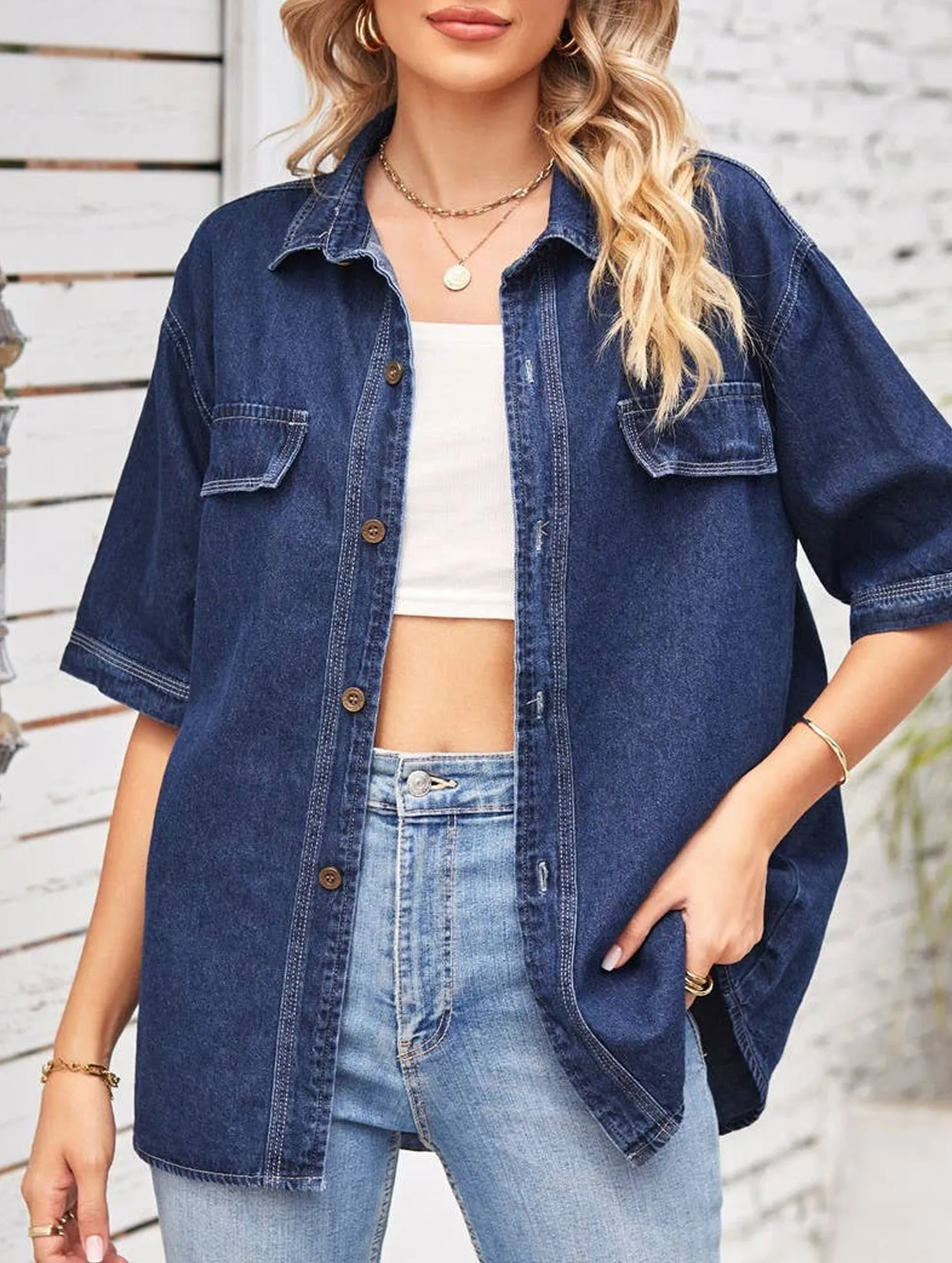 DENIM SINGLE BREASTED SHORT SLEEVE CASUAL SHIRT_CWTSTS0247 Modern Polo Relaxed Hoodie