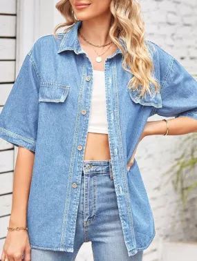 Knit Fabric Technology Zero Waste Production Label DENIM SINGLE BREASTED SHORT SLEEVE CASUAL SHIRT_CWTSTS0247