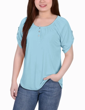 Petite Short Sleeve Round Neck Henley Top HighElasticity Thread