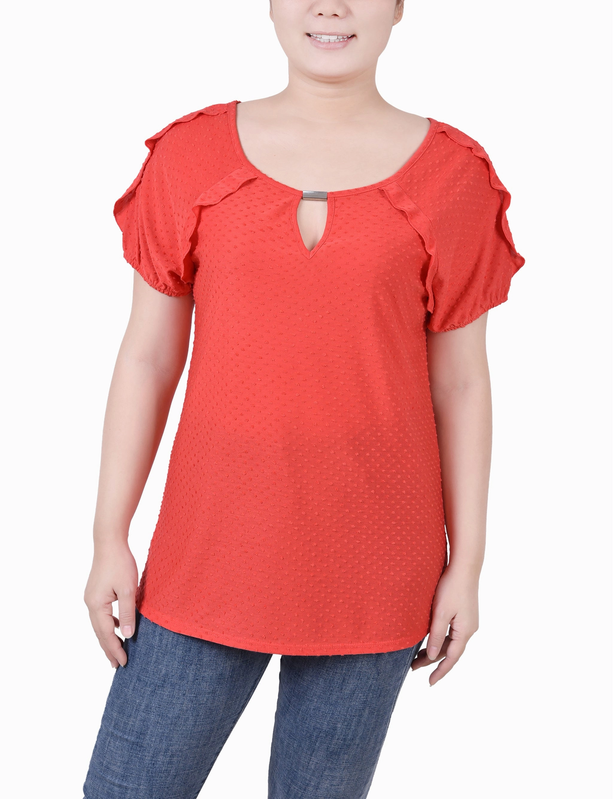 Microfiber texture Petite Short Sleeve Swiss Dot Top