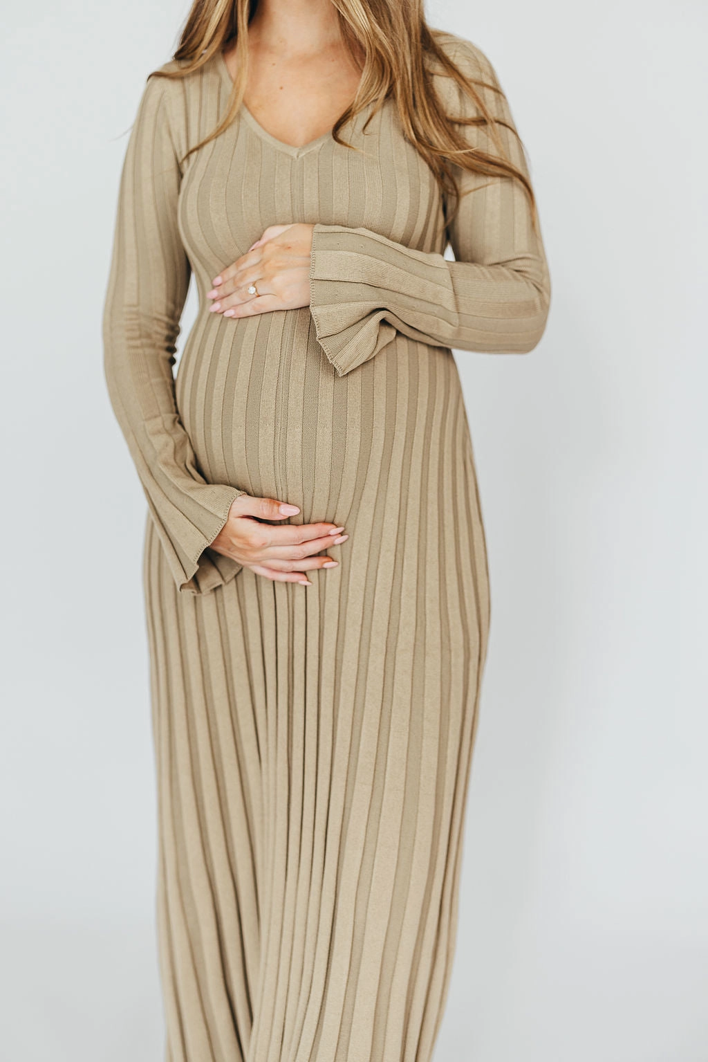 Hadley Long Sleeve V-Neck Knit Maxi Dress in Dune Chilly Weather Wear Classic Mood