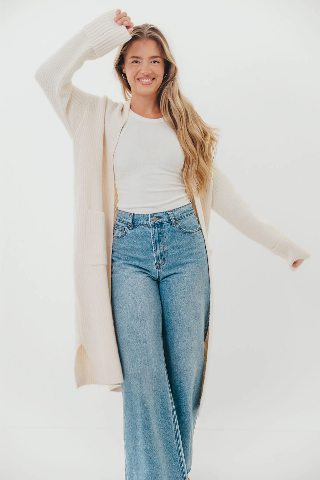 WaffleWeave Rachel Longline Sweater Cardigan in Ecru