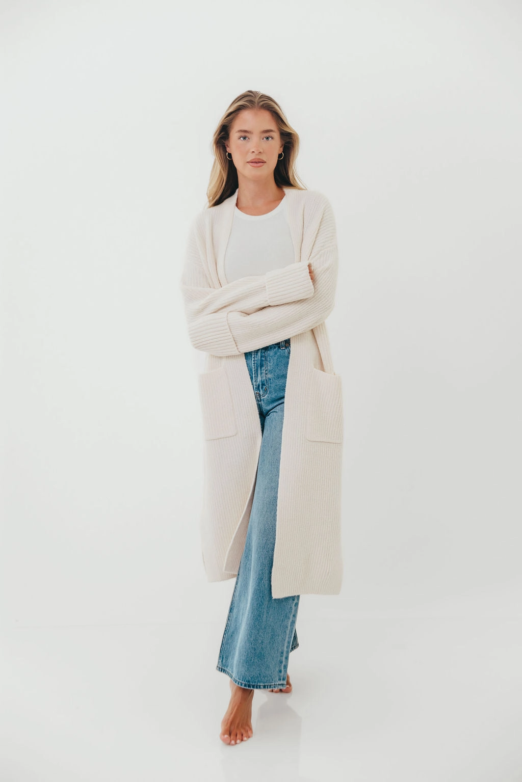 DurableDoubleLayeredHem Shape Retention Fabric Rachel Longline Sweater Cardigan in Ecru