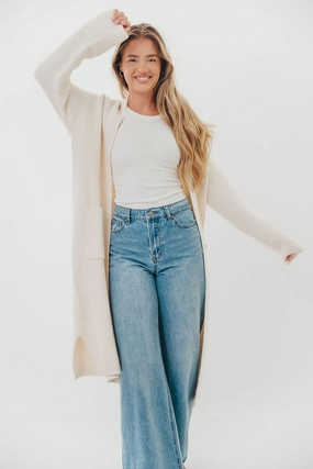 WaffleWeave Rachel Longline Sweater Cardigan in Ecru