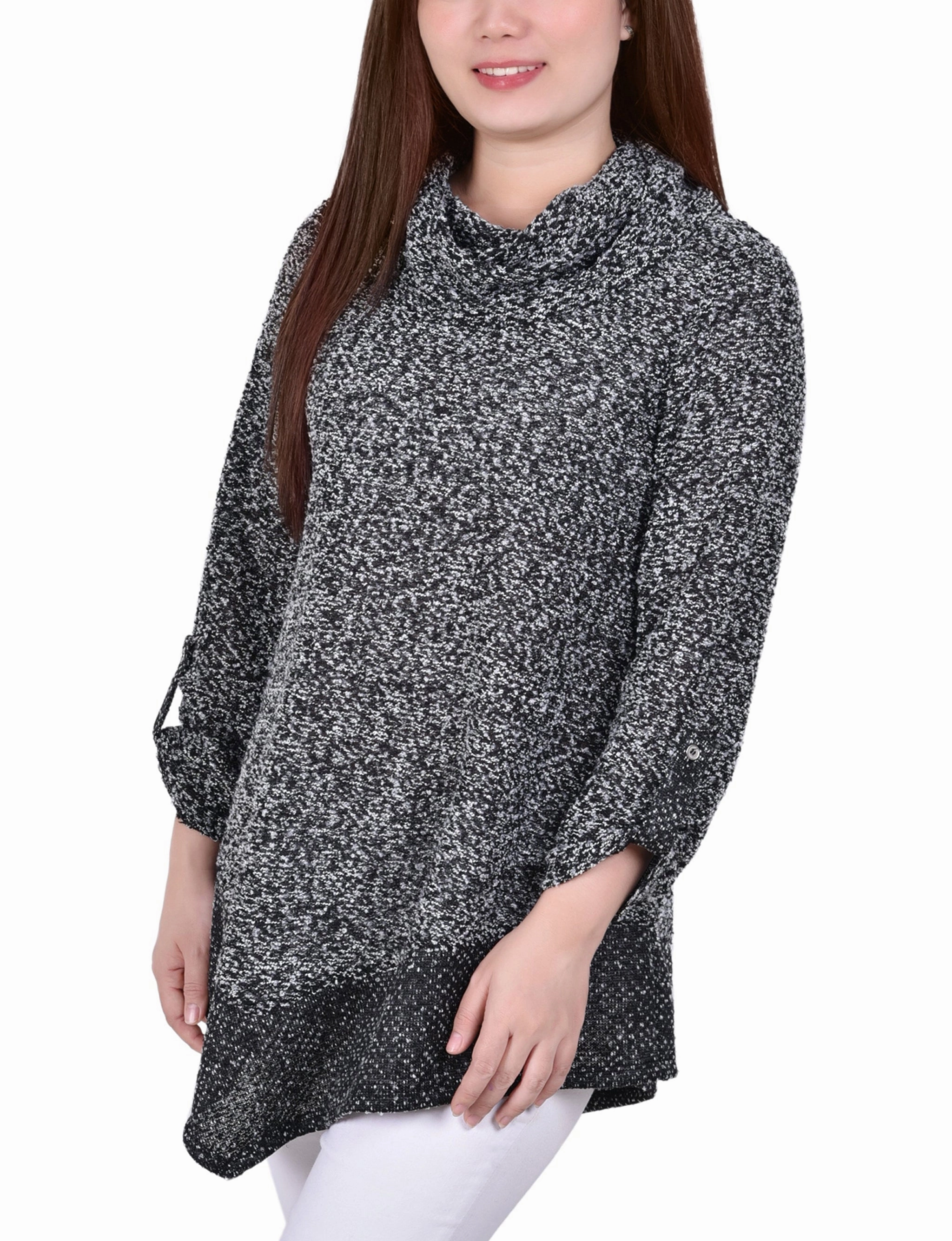 Long Roll Tab Sleeve Nubby Cowl Neck Top ConvertibleSleeves