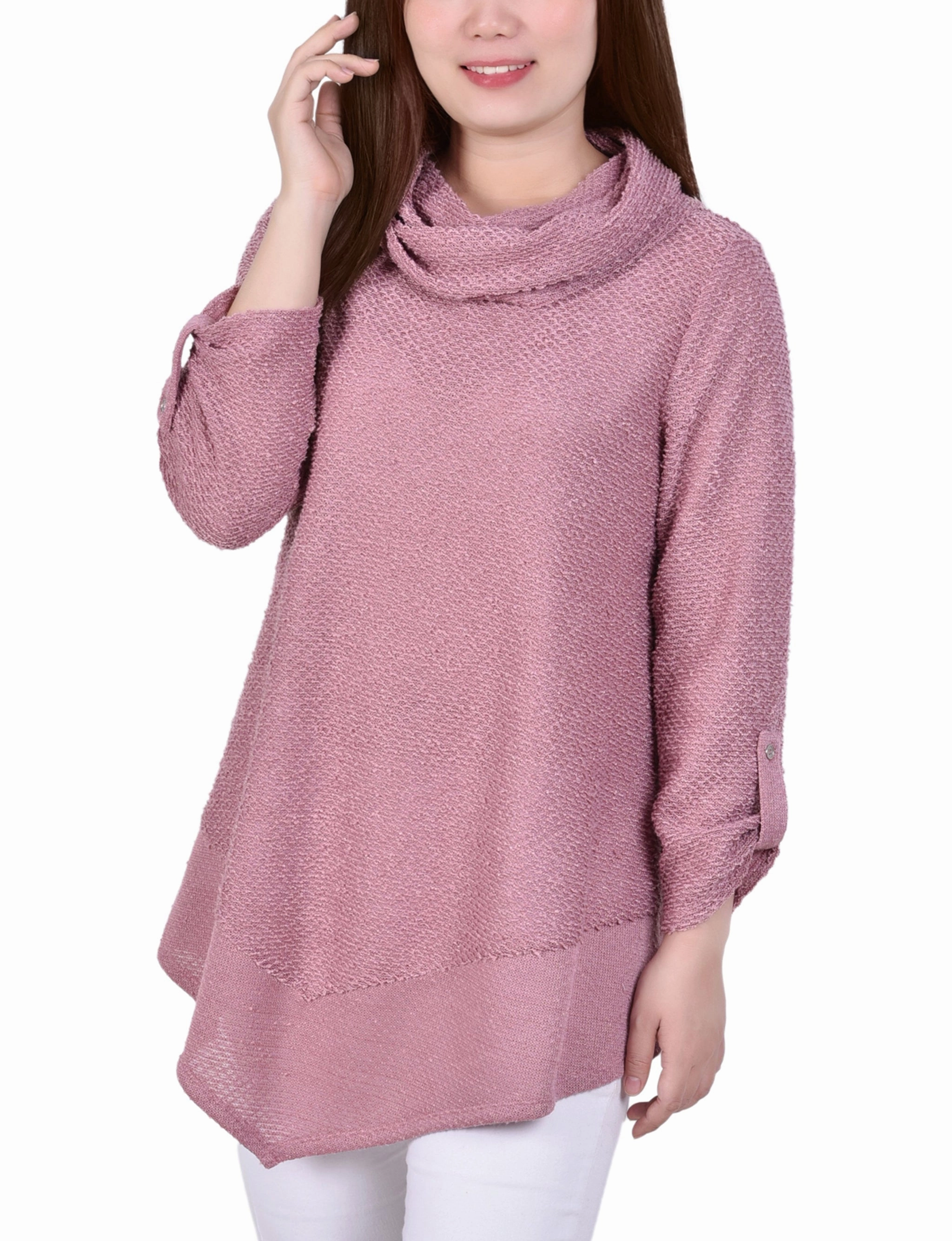 sporty wear WaterResistantCoating Long Roll Tab Sleeve Nubby Cowl Neck Top