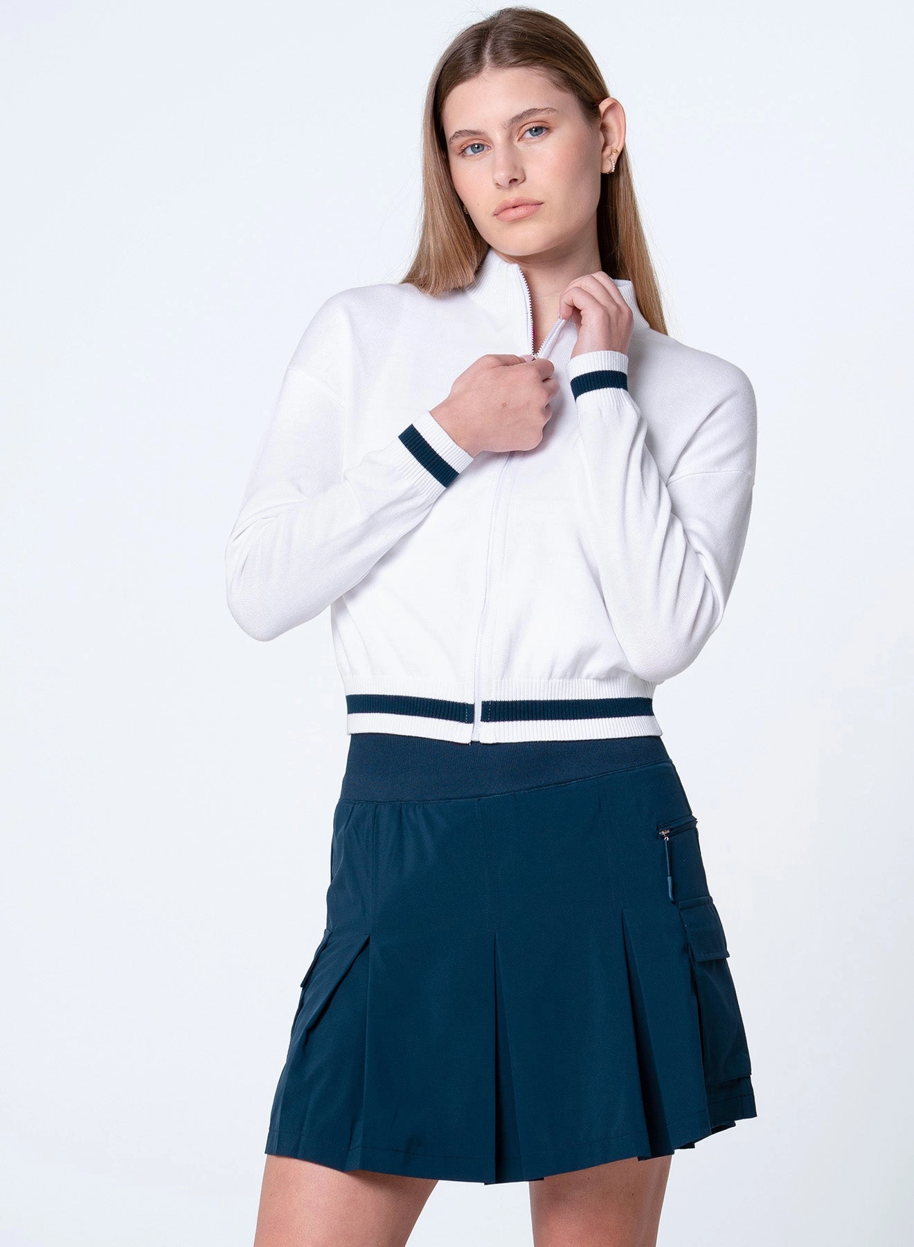 Rally Mock Neck Cardigan Compact Weave Fabric Midweight Texture