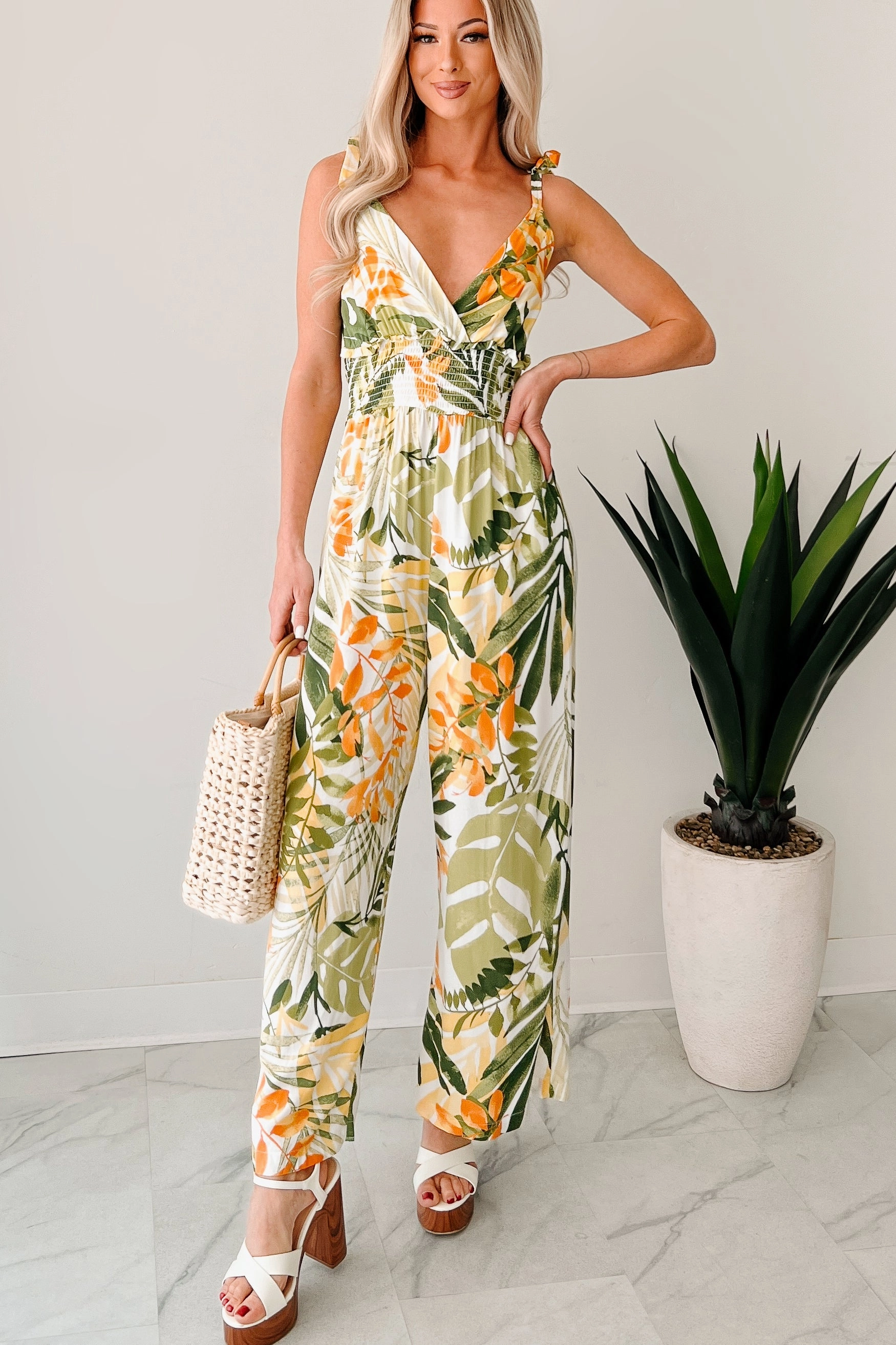 Flirt With Life Smocked Tropical Jumpsuit (Ivory/Green) Easy Care Material Eco Friendly Fabric