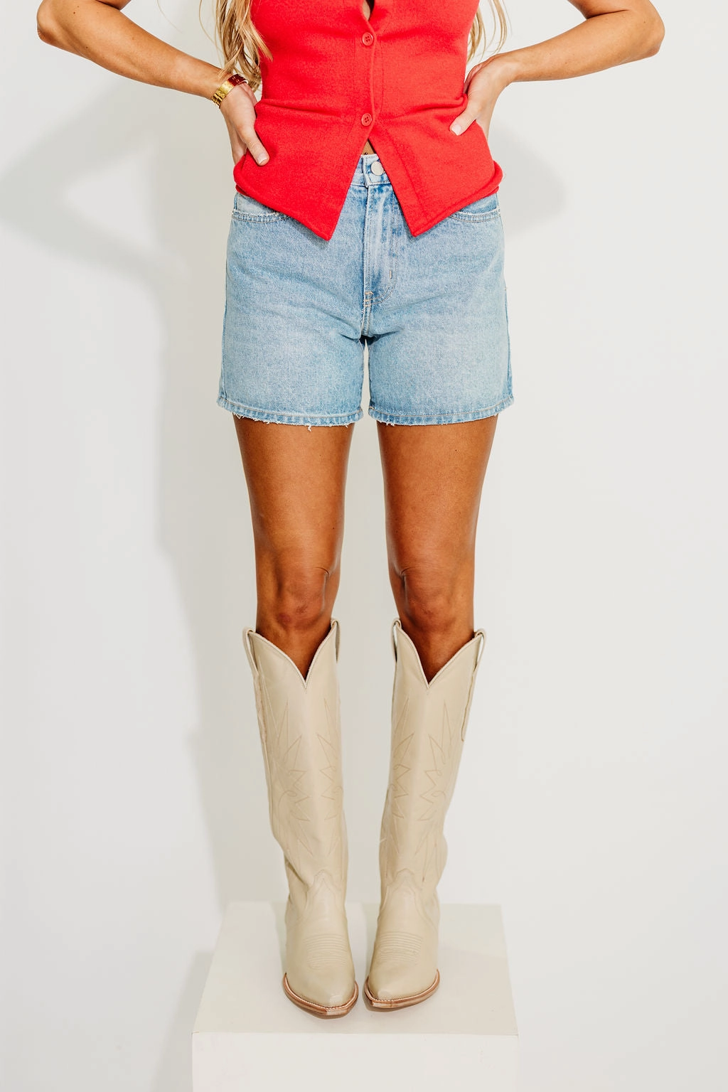 Rayna Vintage High Rise Shorts in Light Denim Silicone Gripper Strips