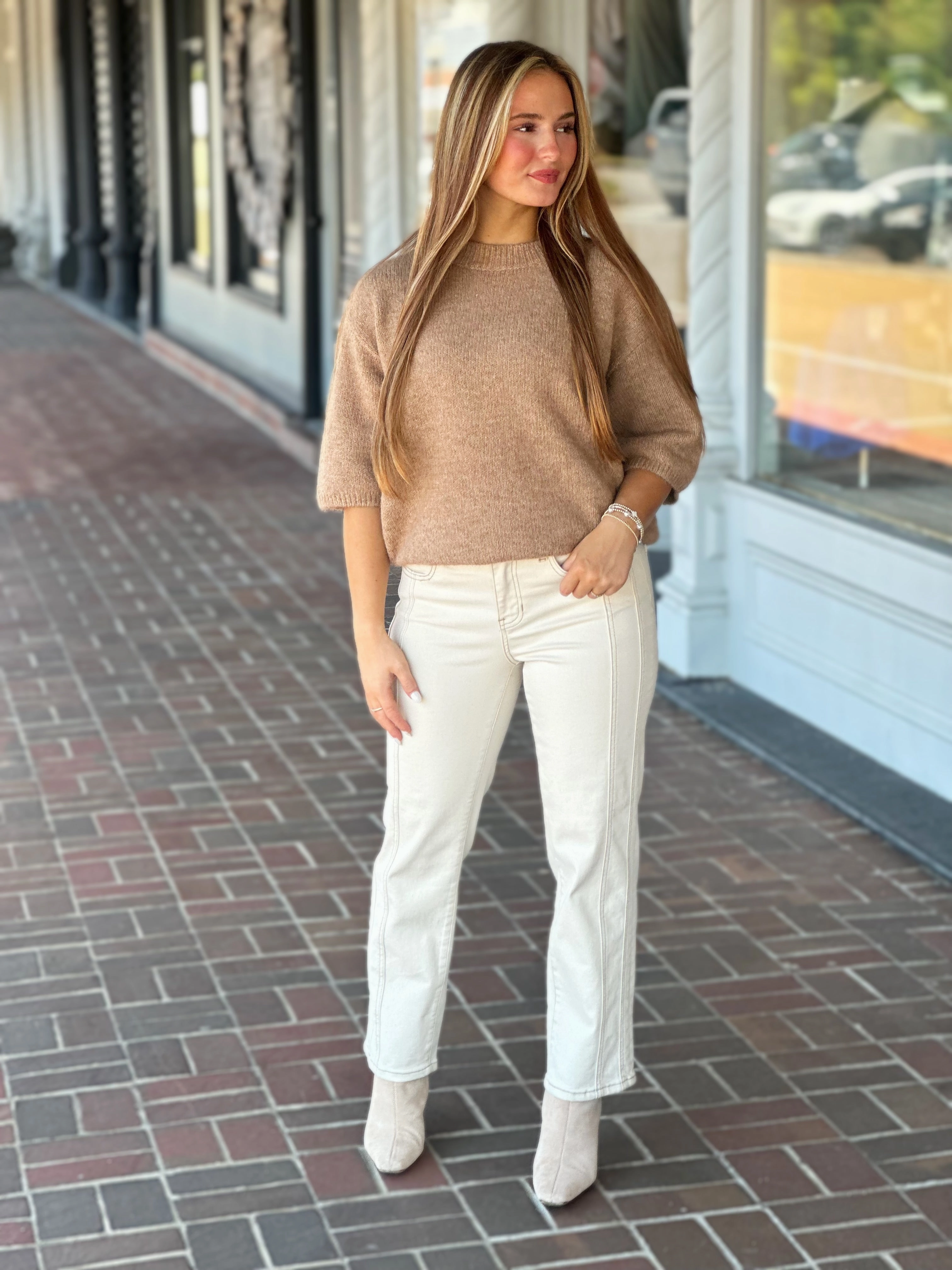 Compression Fit Engineering Charlie B Balloon Sleeve Sweater in Sesame