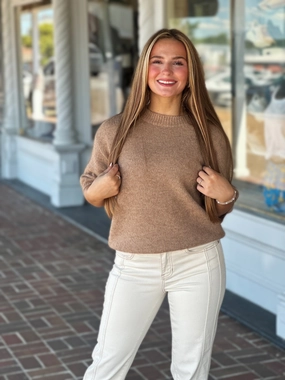 Charlie B Balloon Sleeve Sweater in Sesame RibbedNeckline