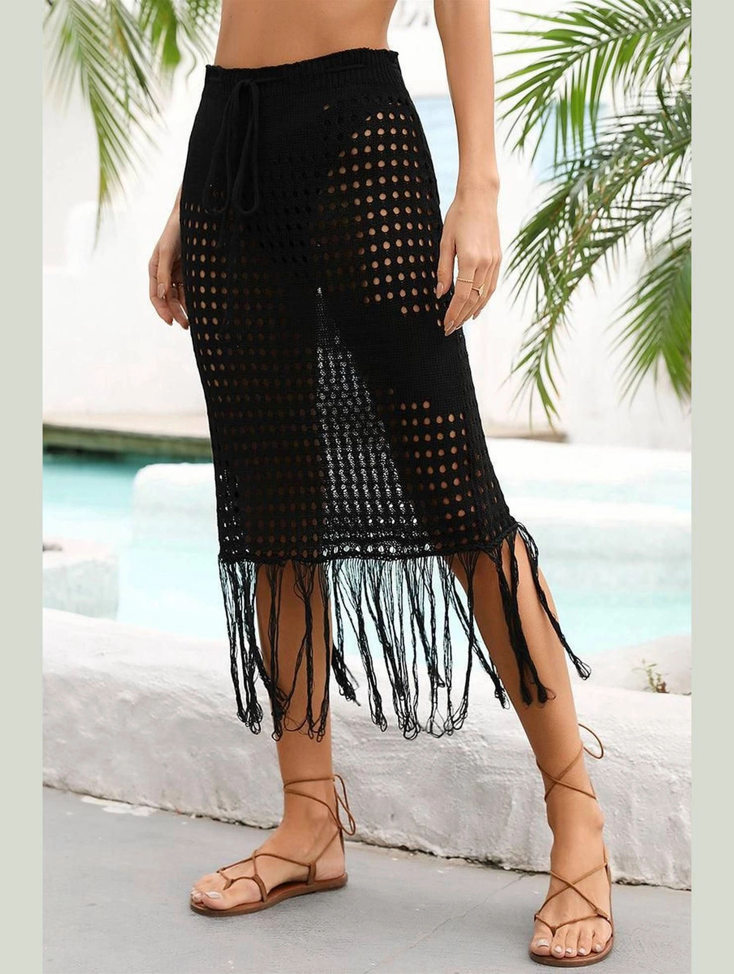 Stretch Waist HOLLOW KNIT DRAWSTRING WAIST COVER UP SKIRT