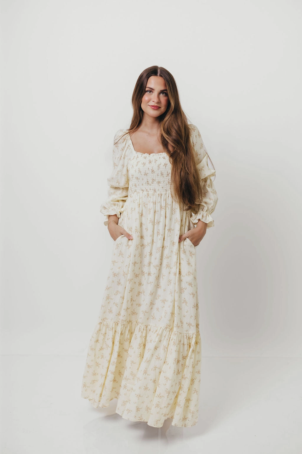 Linen Soft Textured Surface Emerson Smocked Maxi Dress in Blush Floral