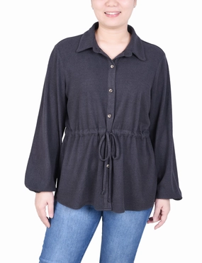 WrinkleResistantTextile Petite Long Dolman Sleeve Drawstring-Waist Tunic Top