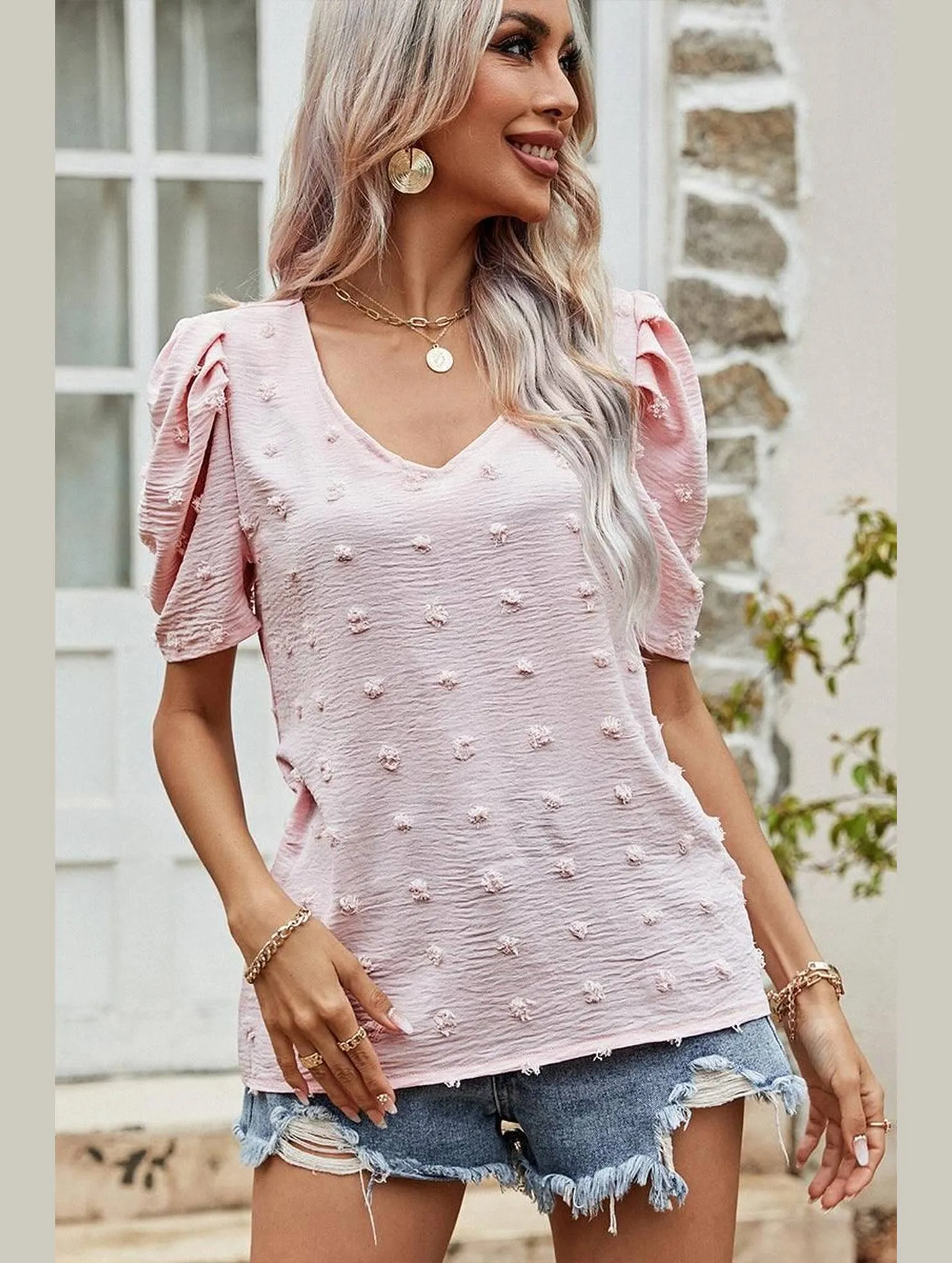 PUFF SLEEVE DEEP NECK CASUAL TOP Convertible Collar
