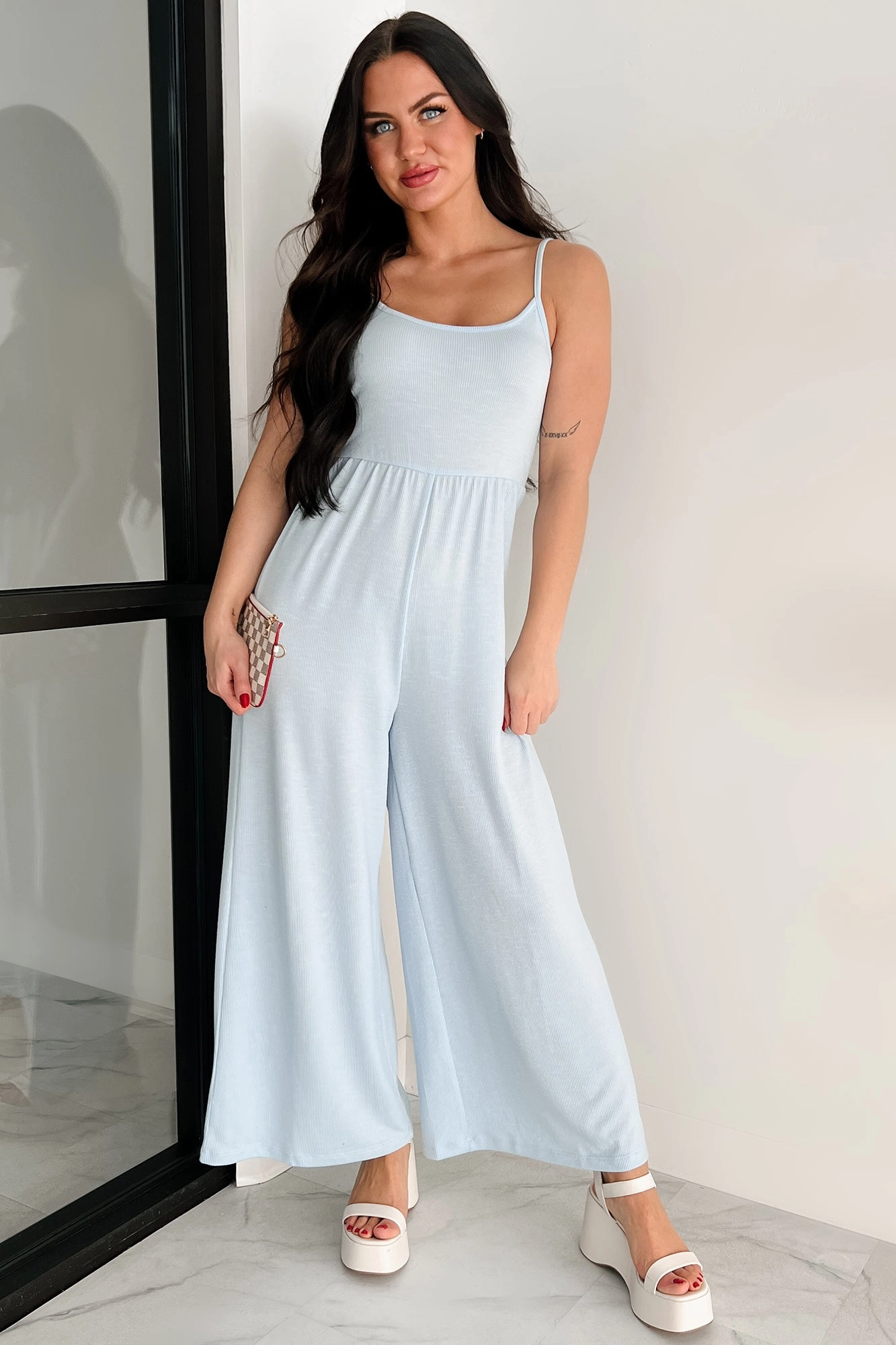 Light As Air Ribbed Wide Leg Jumpsuit (Ice Blue) UPF Protective Fabric