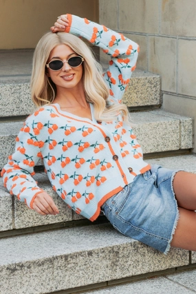 Vibrant Life Cherry Knit Cardigan (Light Blue/Orange) Glow In The Dark Accent Trim