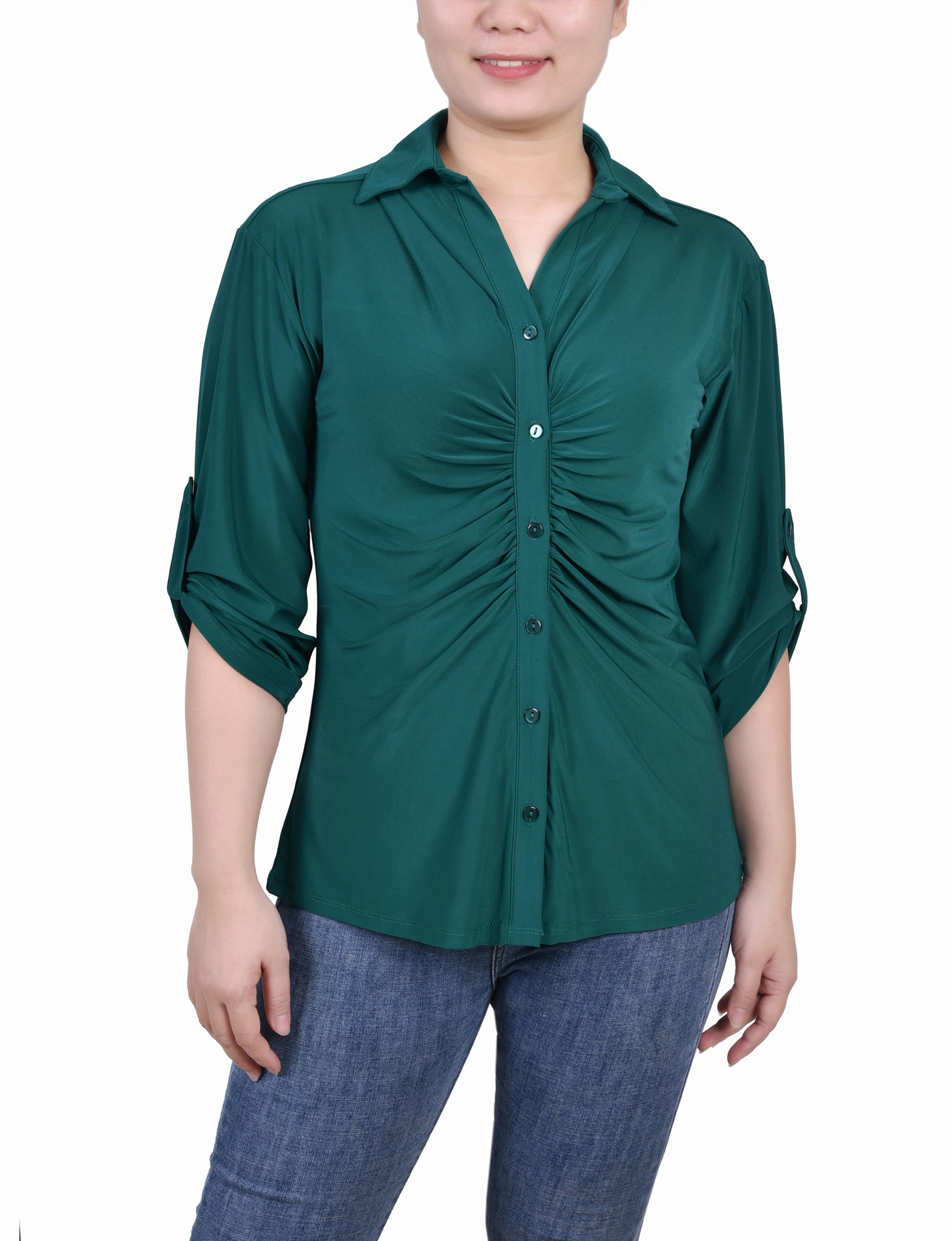 Petite 3/4 Roll Tab Rouched-Front Top Loose Blouse Eco Friendly Dye