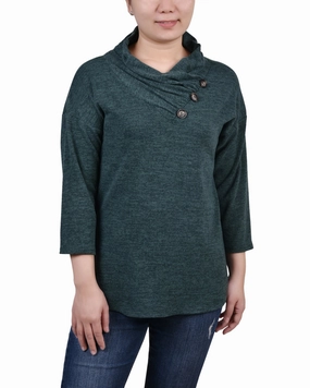 Breathable Construction 3/4 Sleeve Crossover Cowl Neck Top
