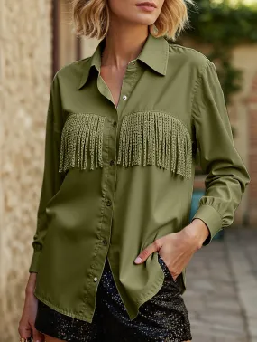 WOMEN TASSEL DETAILED BUTTON UP BLOUSE SHIRTS Multi Directional Mobility ZonalVentilation