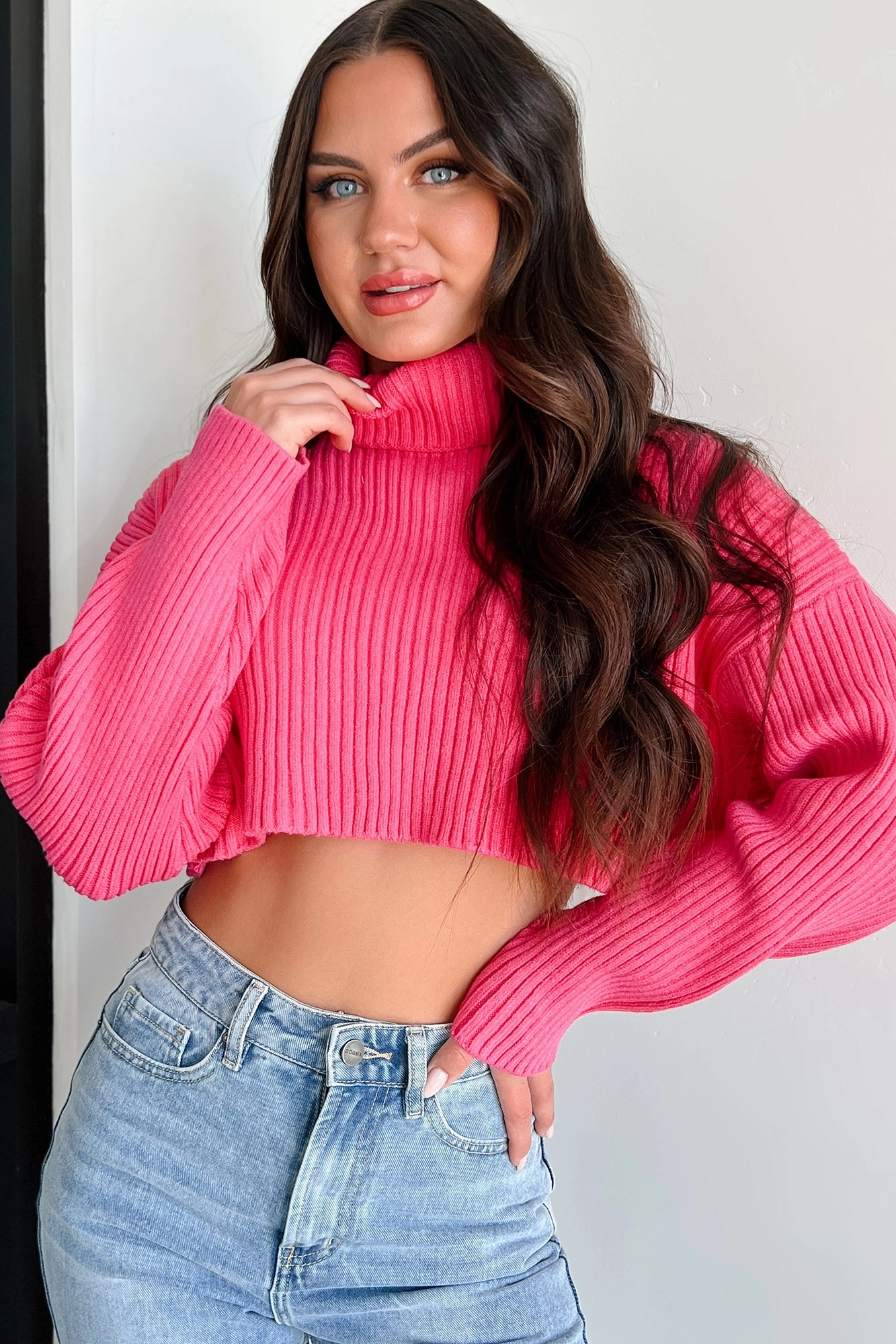 Midweight Four Way Stretch Pamela Turtleneck Crop Sweater (Super Pink)
