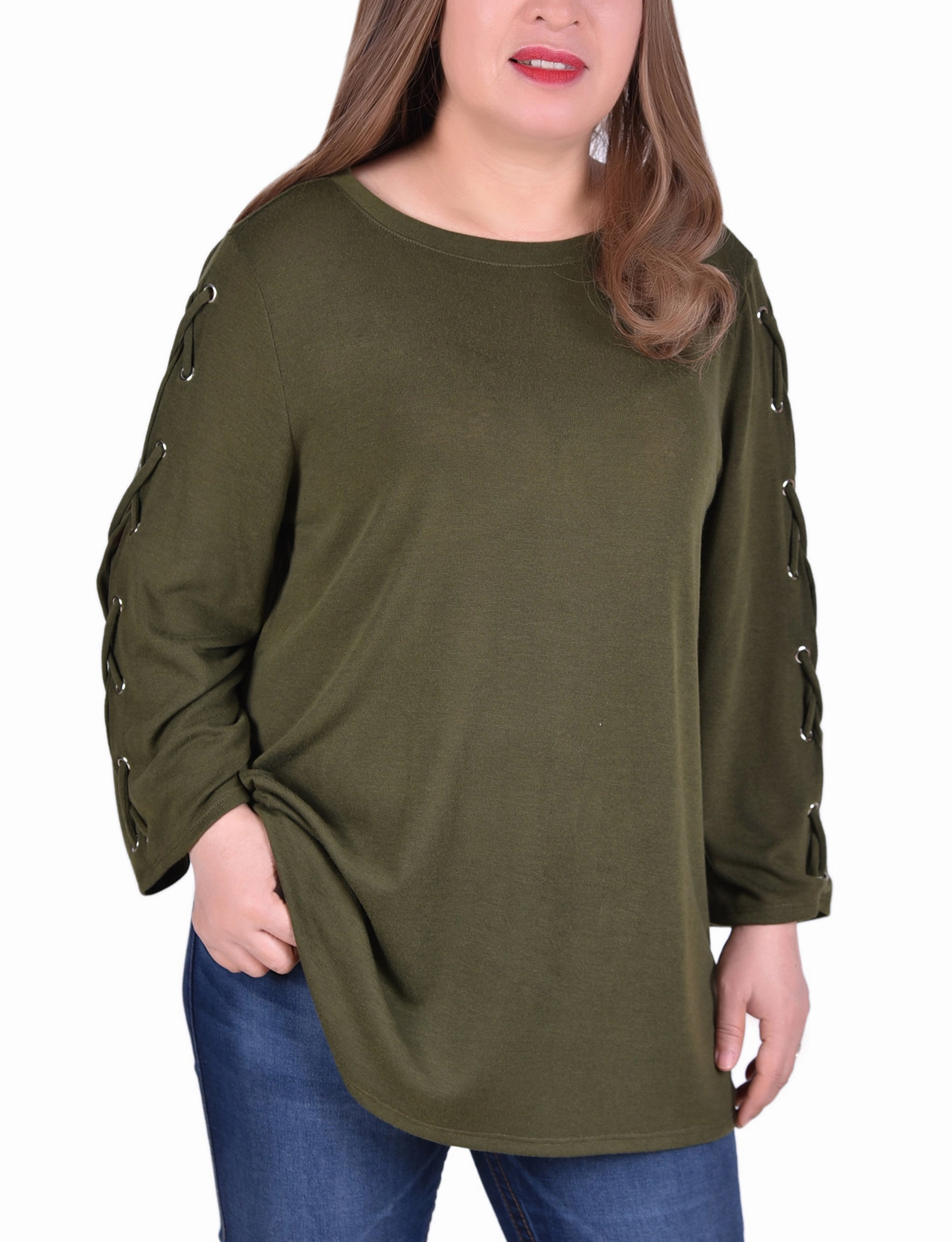 Plus Size Laced Sleeve Top ElasticEdgeBinding