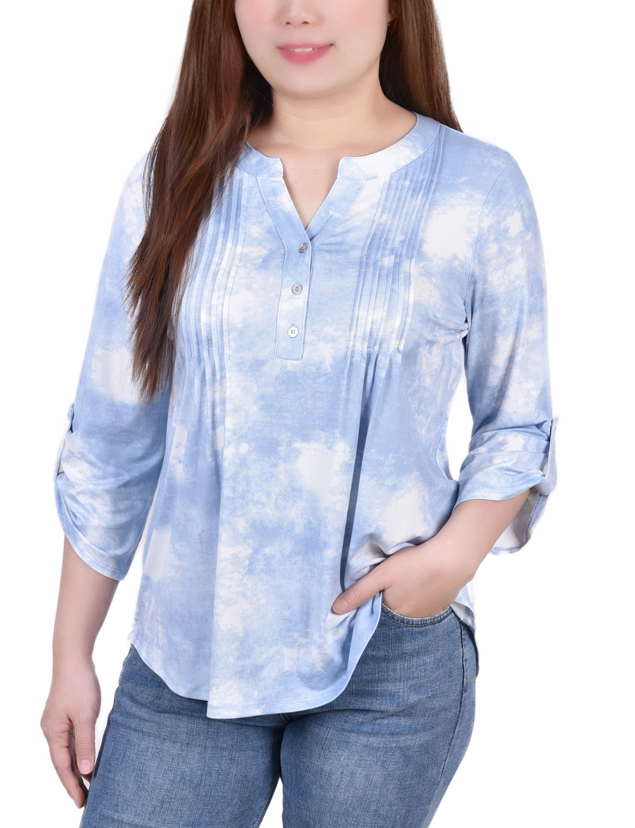 ReinforcedShoulderConstruction StretchFit Knit Jacquard 3/4 Sleeve Roll Tab Top