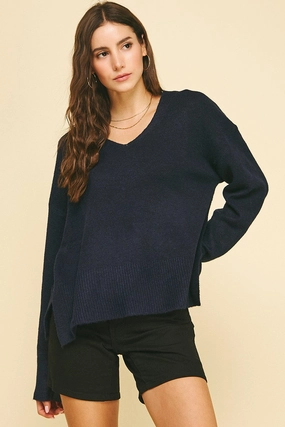 Navy V-neck Sweater Non Restrictive Fit Flexible Ribbed Cuffs