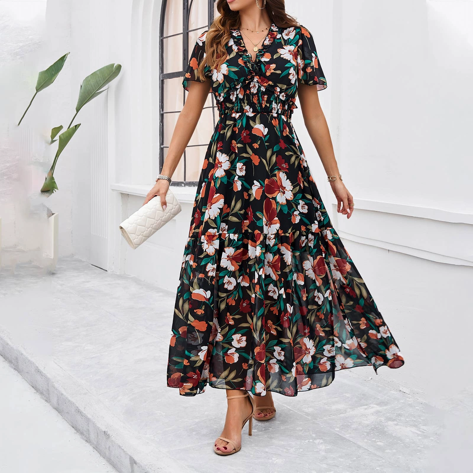 CASUAL PRINT DRESS WITH WAIST_CWDMD1914 everyday elegance
