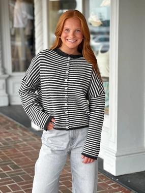 Mini Striped Piper Cardigan in Charcoal Non Closure Collar Anti Microbial Lining