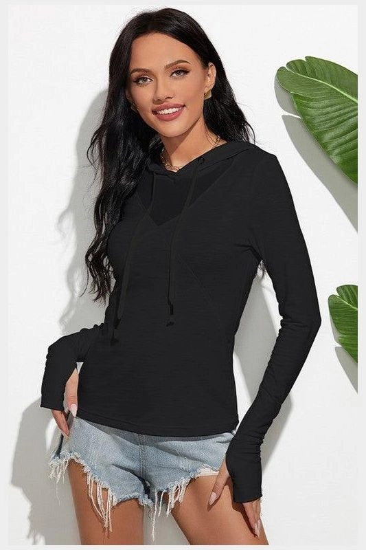 HOODED LONG SLEEVED SOLID COLOR T SHIRT Hidden Pocket
