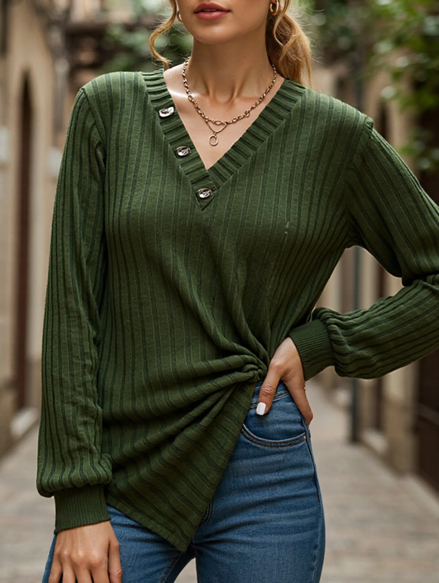 LONG SLEEVE SOLID COLOR SWEATER V-NECK TEXTURE Breathable Microfiber