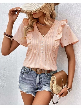 WOMEN BUTTONED V NECK RUFFLE SHORT SUMMER T SHIRT Brushed Microfiber Surface Reflective Accent Stripes