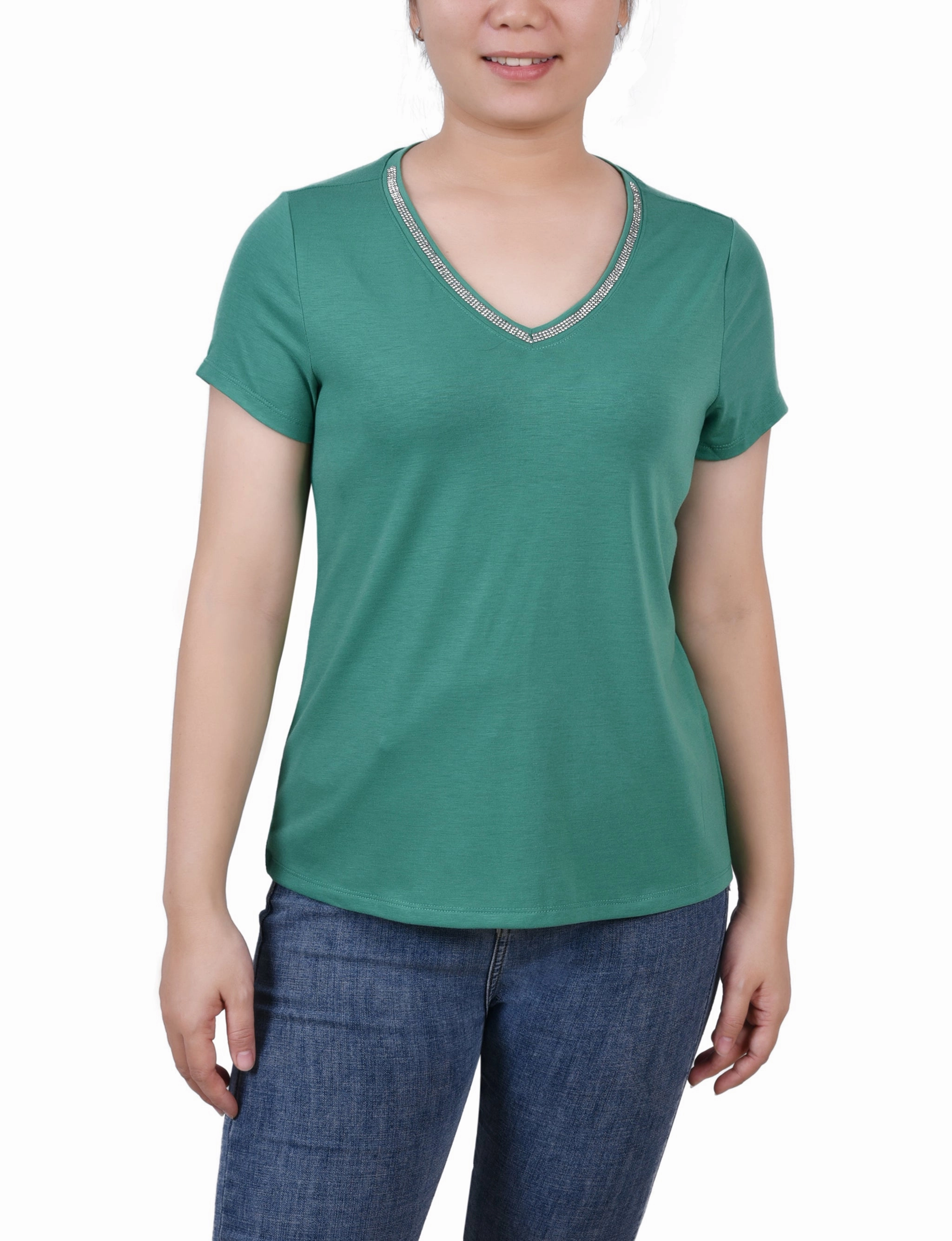 EcoFriendly Manufacturing Built In Filter Layer Petite Short Sleeve Top With Stone Details