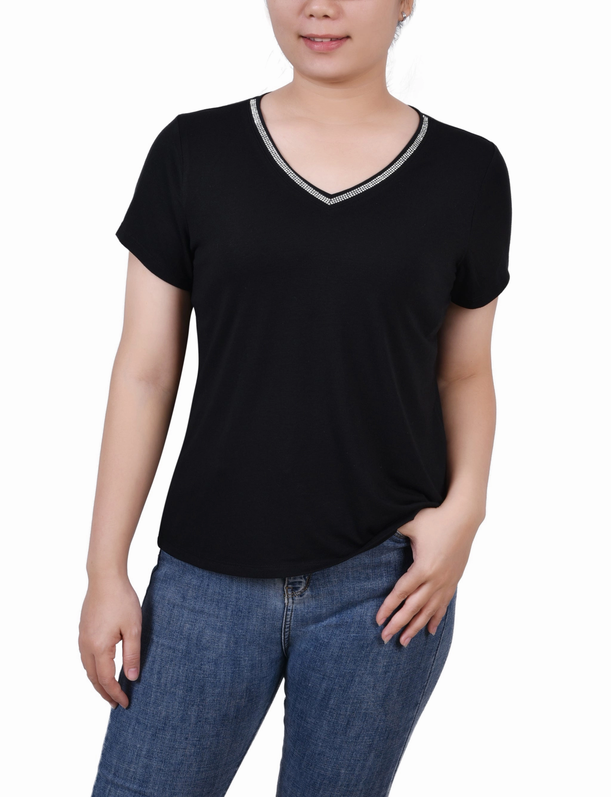 Brushed Inner Layer Petite Short Sleeve Top With Stone Details
