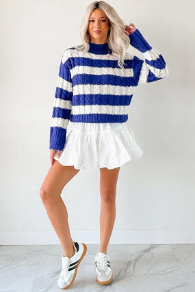 Flexible Knit Fabric Reflective details Restful Rhythm Cable Knit Striped Sweater (Royal)