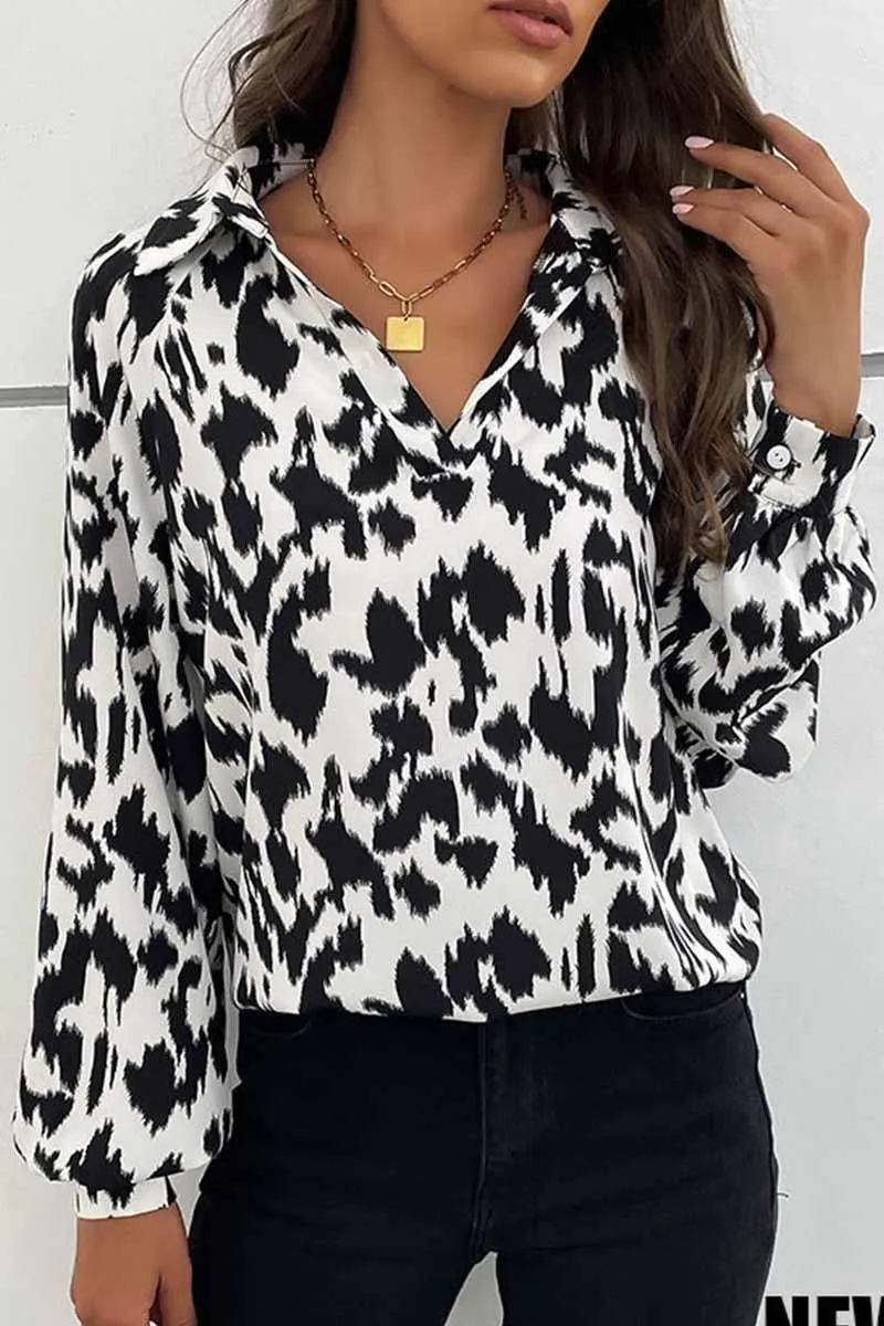 RETRO LAPEL LONG SLEEVED PRINTED SHIRT WideNeckline Sporty Cardigan