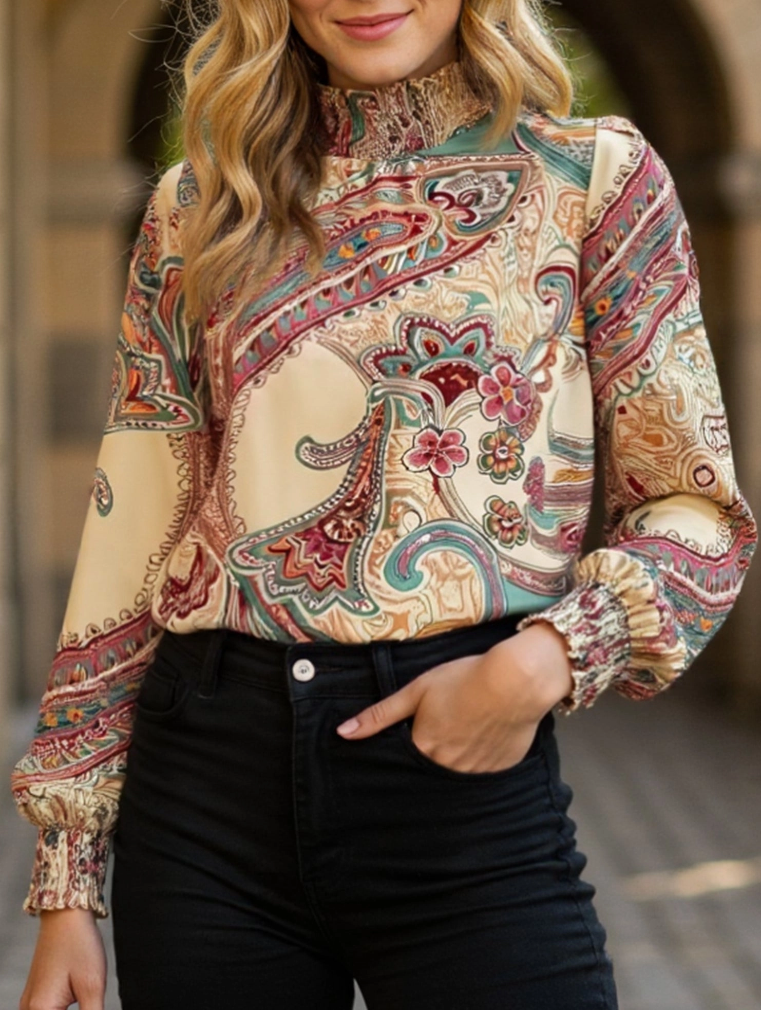 NonIrritating Stitching Retro Bohemian Print Turtleneck Long Sleeve Top