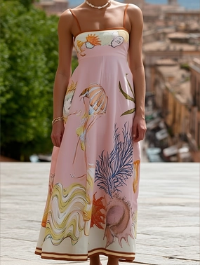 Vilamoura Marine Print Strappy Swing Sundress in Pink ??Summer Flowy Sleeveless Dress Luxe Appeal Smart Tones